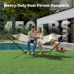 2-Person Hammock with Stand for Outside, 450lbs Double Hammock with Balance Rope and Pillow, Polyester Hammock Set for Backyard Poolside Camping Beach, Off White