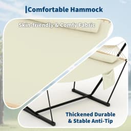 2-Person Hammock with Stand for Outside, 450lbs Double Hammock with Balance Rope and Pillow, Polyester Hammock Set for Backyard Poolside Camping Beach, Off White