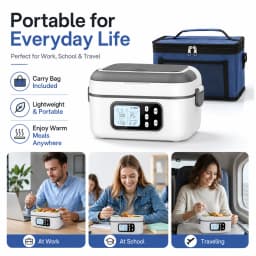 6.3 Cups Electric Heating Lunch Box with Digital Timer, Portable Stainless Steel Self-Heating Food Warmer, Plug & Battery Dual Use Heated Lunch Container, Travel Office Camping Food Heater with Cutlery & Storage Bag