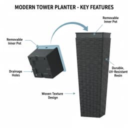 2PCS 32 Inch Tall Planter Resin Rattan Texture Modern Rectangular Tall Plant Pot with Removable Inner Pots Drainage Holes