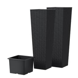 2PCS 32 Inch Tall Planter Resin Rattan Texture Modern Rectangular Tall Plant Pot with Removable Inner Pots Drainage Holes