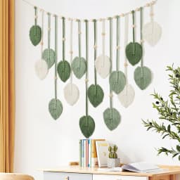 Handmade Leaf Feather Macrame Wall Hanging, Boho Yarn Woven Tapestry Wall Decor Backdrop for Living Room Bedroom Nursery Office