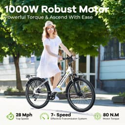 Cybervelo EK2 1000W Peak Electric Bike for Adults 26" 7-Speed Removable Battery Ebike Up to 80 Miles Range Commuter Electric Bicycle for Beach Snow Men Women