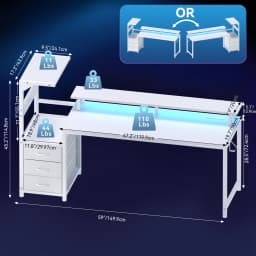 MCQ 52 Inch to 59 Inch Standing Office Computer Desk With USB Charging Ports Ergonomic Storage Shelves Gaming Desk With LED Lights Reversible Computer Desk with Drawers For Home Office Small Space