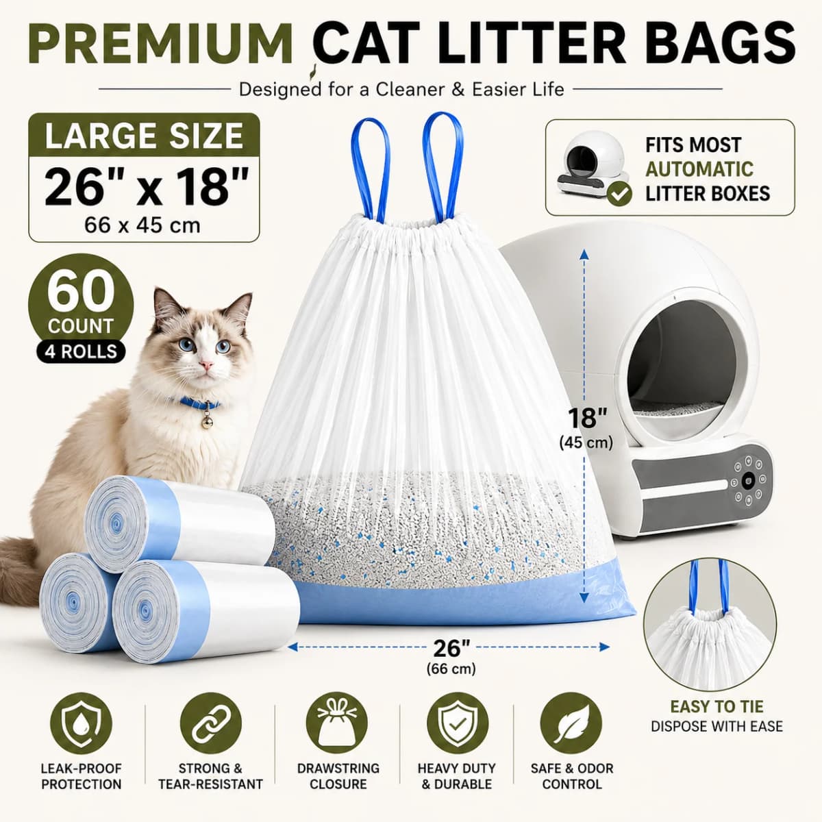 Automatic Cat Litter Box Liners 60PCS Drawstring Waste Bags Fit Most Self-Cleaning Litter Boxes 26" × 18" (66 × 45 cm)