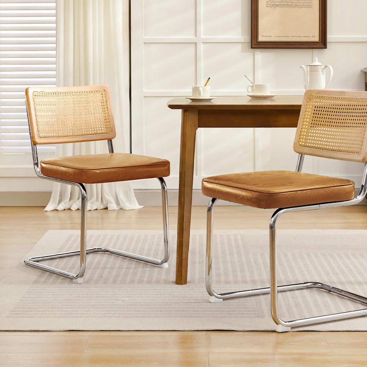 KERDOM Rattan Dining Chairs Set of 2, Mid-Century Dining Room Chairs with PU Upholstered Seat & Chrome Cantilever Frame, Kitchen & Dining Room Chairs, Natural Natural Rattan, 300lbs, Green