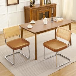 KERDOM Rattan Dining Chairs Set of 2, Mid-Century Dining Room Chairs with PU Upholstered Seat & Chrome Cantilever Frame, Kitchen & Dining Room Chairs, Natural Natural Rattan, 300lbs, Green