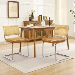 KERDOM Rattan Dining Chairs Set of 2, Mid-Century Dining Room Chairs with PU Upholstered Seat & Chrome Cantilever Frame, Kitchen & Dining Room Chairs, Natural Natural Rattan, 300lbs, Green