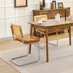 KERDOM Rattan Dining Chairs Set of 2, Mid-Century Dining Room Chairs with PU Upholstered Seat & Chrome Cantilever Frame, Kitchen & Dining Room Chairs, Natural Natural Rattan, 300lbs, Green