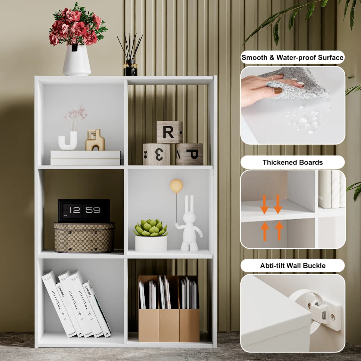 MCQ 6 Storage Organizer Shelf Bookcase Wooden Display Storage Bookcase with 3 Removable Back Panels for Living Room Home Office