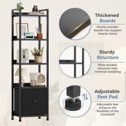 MCQ 4-5 Tier Bookshelf with Fabric Drawer Standing Open Book Shelf Organizer Wood and Metal Storage Shelf Organizer in Living Room Bedroom