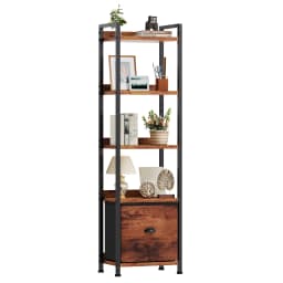 MCQ 4-5 Tier Bookshelf with Fabric Drawer Standing Open Book Shelf Organizer Wood and Metal Storage Shelf Organizer in Living Room Bedroom