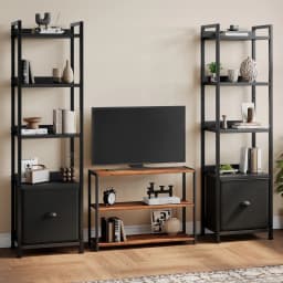 MCQ 4-5 Tier Bookshelf with Fabric Drawer Standing Open Book Shelf Organizer Wood and Metal Storage Shelf Organizer in Living Room Bedroom