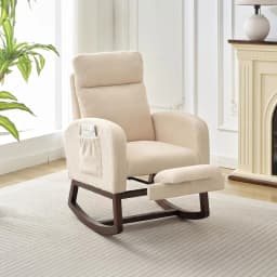 Modern Nursery Rocking Chair, Teddy Upholstered Rocking Chair with Footrest, Comfortable Rocker Recliner with Side Pocket, Rocker Glider for Living Room, Bedroom, Nursing Room