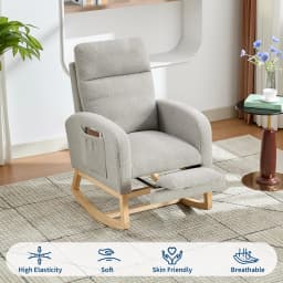 Modern Nursery Rocking Chair, Teddy Upholstered Rocking Chair with Footrest, Comfortable Rocker Recliner with Side Pocket, Rocker Glider for Living Room, Bedroom, Nursing Room