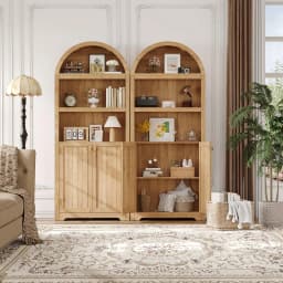 Arched Bookcase with Doors, 71 Inch Tall Storage Bookshelf with Cabinet and Shelves, Wooden Display Bookcase for Living Room, Home Office, White with Black Handles