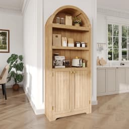 Arched Bookcase with Doors, 71 Inch Tall Storage Bookshelf with Cabinet and Shelves, Wooden Display Bookcase for Living Room, Home Office, White with Black Handles
