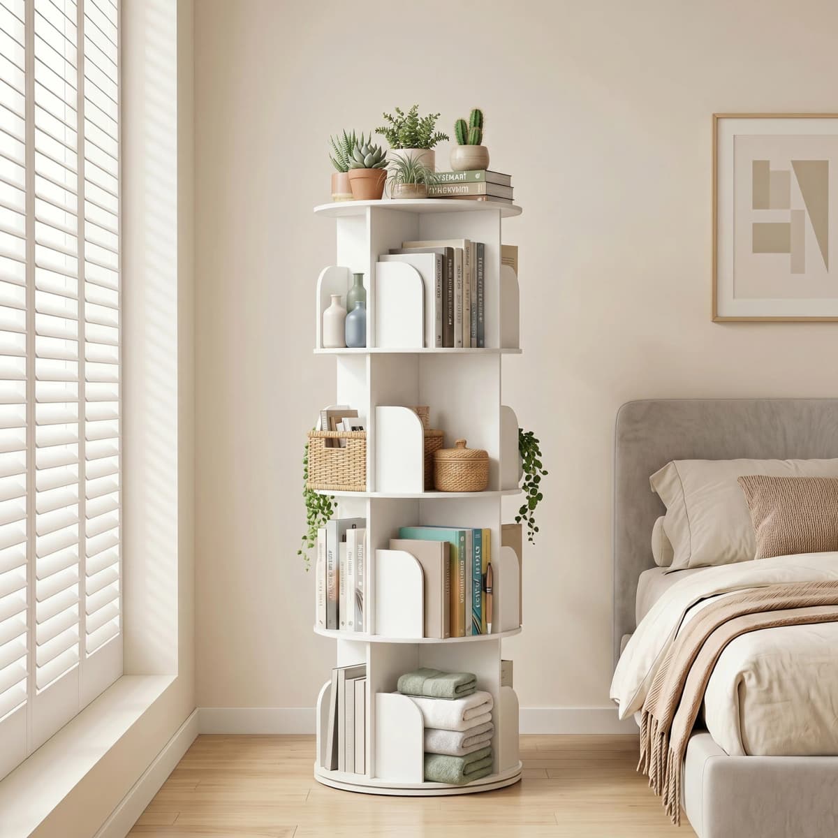 JHK 3-4 Tier Rotating Storage Bookshelf 360° Display Revolving Bookcase Freestanding Vertical Corner Book Shelf for Bedroom Living Room
