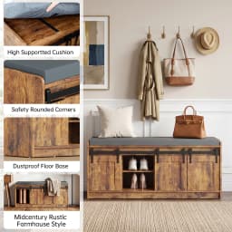 TinyNest Shoe Storage Benches With Linen Seat Cushion, 41.7 inch Farmhouse Entryway Bench, Shoe Rack Cabinet Bench Organizer With Adjustable Shelf & Sliding Door for Entryway, Hallway, Living Room, Bedroom End of Bed, Rustic Brown & White