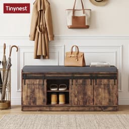 TinyNest Shoe Storage Benches With Linen Seat Cushion, 41.7 inch Farmhouse Entryway Bench, Shoe Rack Cabinet Bench Organizer With Adjustable Shelf & Sliding Door for Entryway, Hallway, Living Room, Bedroom End of Bed, Rustic Brown & White