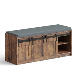 TinyNest Shoe Storage Benches With Linen Seat Cushion, 41.7 inch Farmhouse Entryway Bench, Shoe Rack Cabinet Bench Organizer With Adjustable Shelf & Sliding Door for Entryway, Hallway, Living Room, Bedroom End of Bed, Rustic Brown & White