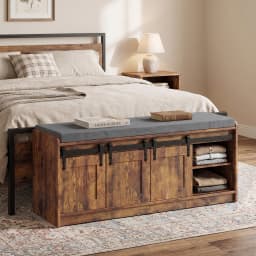 TinyNest Shoe Storage Benches With Linen Seat Cushion, 41.7 inch Farmhouse Entryway Bench, Shoe Rack Cabinet Bench Organizer With Adjustable Shelf & Sliding Door for Entryway, Hallway, Living Room, Bedroom End of Bed, Rustic Brown & White
