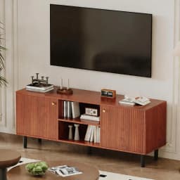 Fluted TV Stand for TVs up to 65in - Mid Century Modern Wood Entertainment Center - Adjustable Shelf & 2 Doors Storage - Media Console Table for Living Room or Bedroom - Walnut Wood with Black Legs