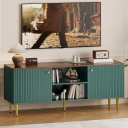 Fluted TV Stand for TVs up to 65in - Mid Century Modern Wood Entertainment Center - Adjustable Shelf & 2 Doors Storage - Media Console Table for Living Room or Bedroom - Walnut Wood with Black Legs