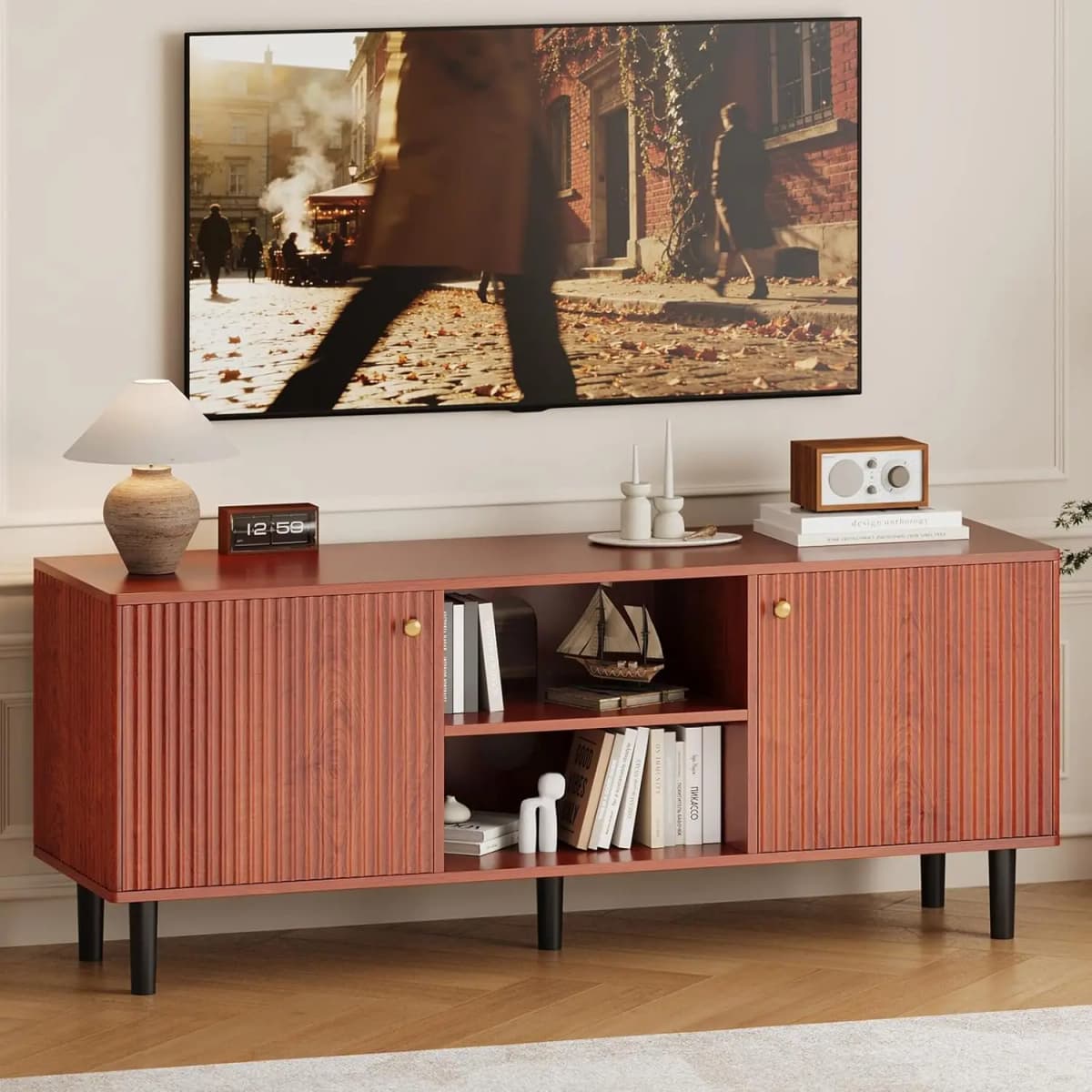 Fluted TV Stand for TVs up to 65in - Mid Century Modern Wood Entertainment Center - Adjustable Shelf & 2 Doors Storage - Media Console Table for Living Room or Bedroom - Walnut Wood with Black Legs