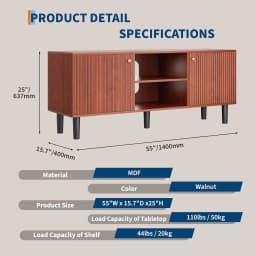 Fluted TV Stand for TVs up to 65in - Mid Century Modern Wood Entertainment Center - Adjustable Shelf & 2 Doors Storage - Media Console Table for Living Room or Bedroom - Walnut Wood with Black Legs