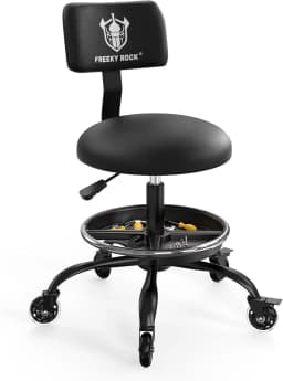 Rolling Shop Stool with Wheels, Garage Mechanic Stool Chair with Backrest, Height Adjustable Heavy Duty Swivel Task Chair, Adjustable Footrest with Storage Tray for Garage Kitchen Salon Tattoo (Red)