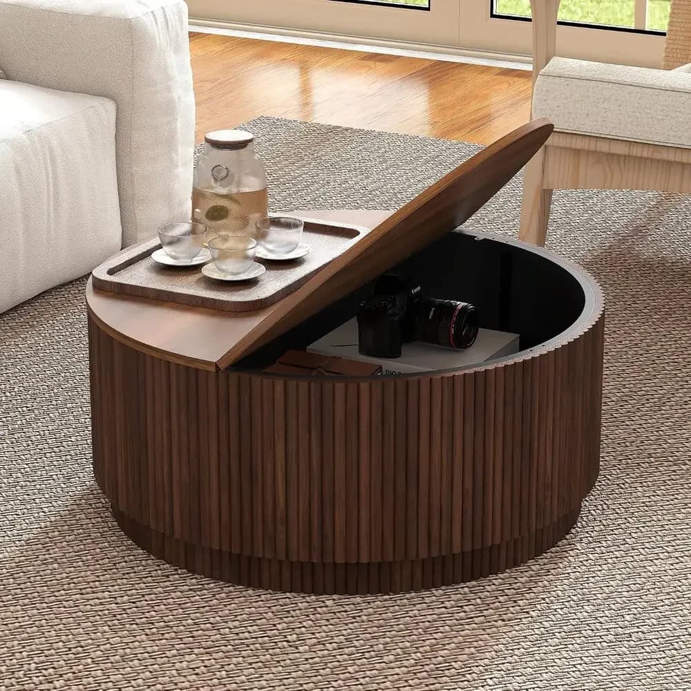 31.5" Round Coee Table with Storage, Century ern Coee Tables with luted Base, Wooden Circle Accent Center Table or Living Room S