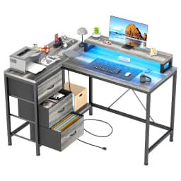 L-Shaped Gaming Desk with Power Outlets, Corner Desk with Drawers, Shelves & LED Lights, Computer Desk for Home & Office