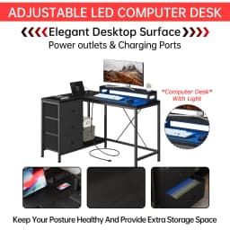 L-Shaped Gaming Desk with Power Outlets, Corner Desk with Drawers, Shelves & LED Lights, Computer Desk for Home & Office