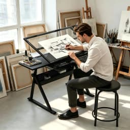 Height Adjustable Drafting Table With Stool, 0-75° Tilting Glass Drawing Desk With 2 Drawers, Art Craft Painting Workstation For Home Office