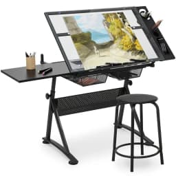 Height Adjustable Drafting Table With Stool, 0-75° Tilting Glass Drawing Desk With 2 Drawers, Art Craft Painting Workstation For Home Office