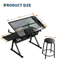 Height Adjustable Drafting Table With Stool, 0-75° Tilting Glass Drawing Desk With 2 Drawers, Art Craft Painting Workstation For Home Office
