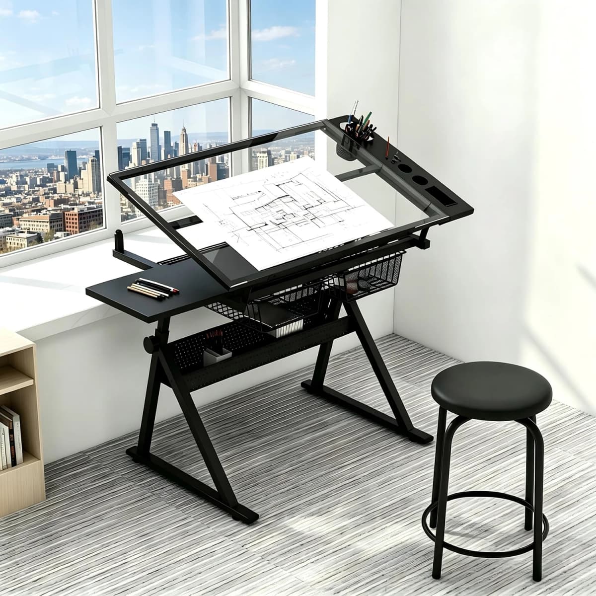 Height Adjustable Drafting Table With Stool, 0-75° Tilting Glass Drawing Desk With 2 Drawers, Art Craft Painting Workstation For Home Office