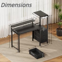 44/60 inch Computer Desk with Built-in Power Strip, Adjustable Monitor Riser, 3 Fabric Storage Drawers, PC Tower Stand & Headphone Hooks, Ergonomic Home Office Writing Workstation for Bedroom Study