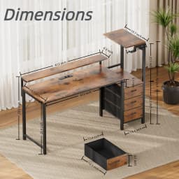 44/60 inch Computer Desk with Built-in Power Strip, Adjustable Monitor Riser, 3 Fabric Storage Drawers, PC Tower Stand & Headphone Hooks, Ergonomic Home Office Writing Workstation for Bedroom Study