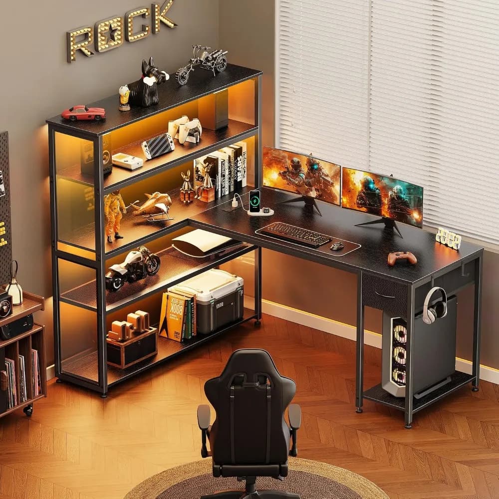 57 Inch L-Shaped Gaming Desk with Open Cabinet, Power Outlets, LED Lights, Adjustable Shelves, Black