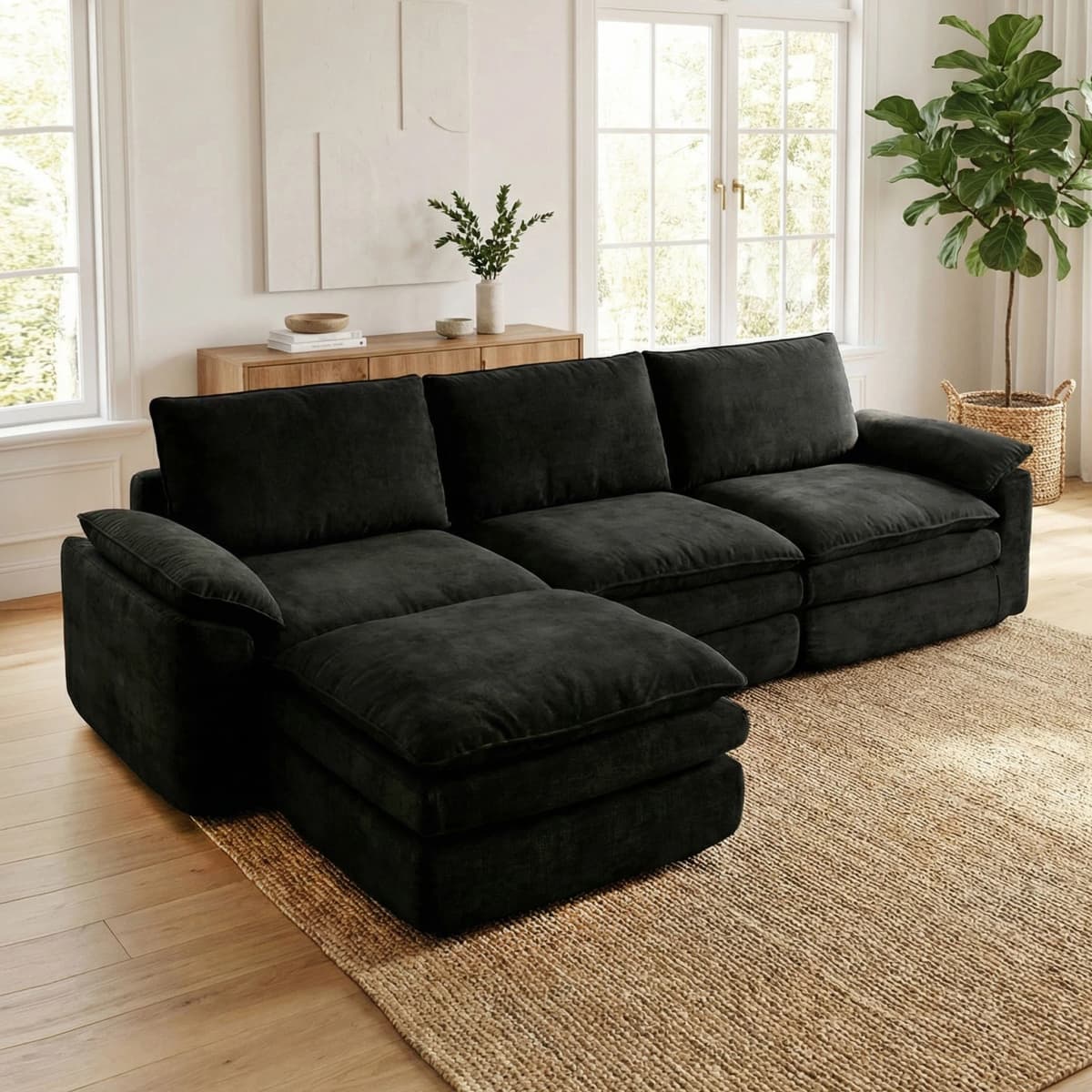 118 Inches L-Shaped Chenille Cloud Lazy Sofa, Black Oversized Deep Seat Modular Sectional Couch with Chaise Lounge, Ultra Soft Cat Scratch Resistant Chenille Fabric, No Assembly Low Maintenance Extra Comfort Large Sofa, Universal Furniture for Living Room