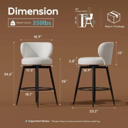 26" White Bar Stools Set of 2, Swivel Kitchen Island Chairs, Upholstered Winged Backrest, 360° Silent Swivel, 350lbs Capacity, Fits 35"-39" Bars