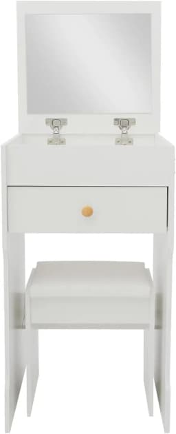 White 2-in-1 Flip Top Mini Vanity Desk Set, Makeup Table with Mirror, Drawer & Padded Stool, Multi-Purpose Corner Bedroom Vanity Nightstand