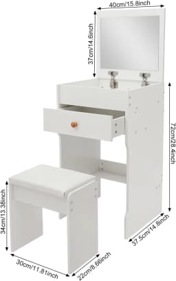 White 2-in-1 Flip Top Mini Vanity Desk Set, Makeup Table with Mirror, Drawer & Padded Stool, Multi-Purpose Corner Bedroom Vanity Nightstand