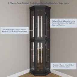 Lighted Three-sided Glass Display Cabinet with Tempered Glass Doors and Shelves, Wooden Corner Cabinet with Light Bulbs