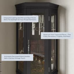 Lighted Three-sided Glass Display Cabinet with Tempered Glass Doors and Shelves, Wooden Corner Cabinet with Light Bulbs