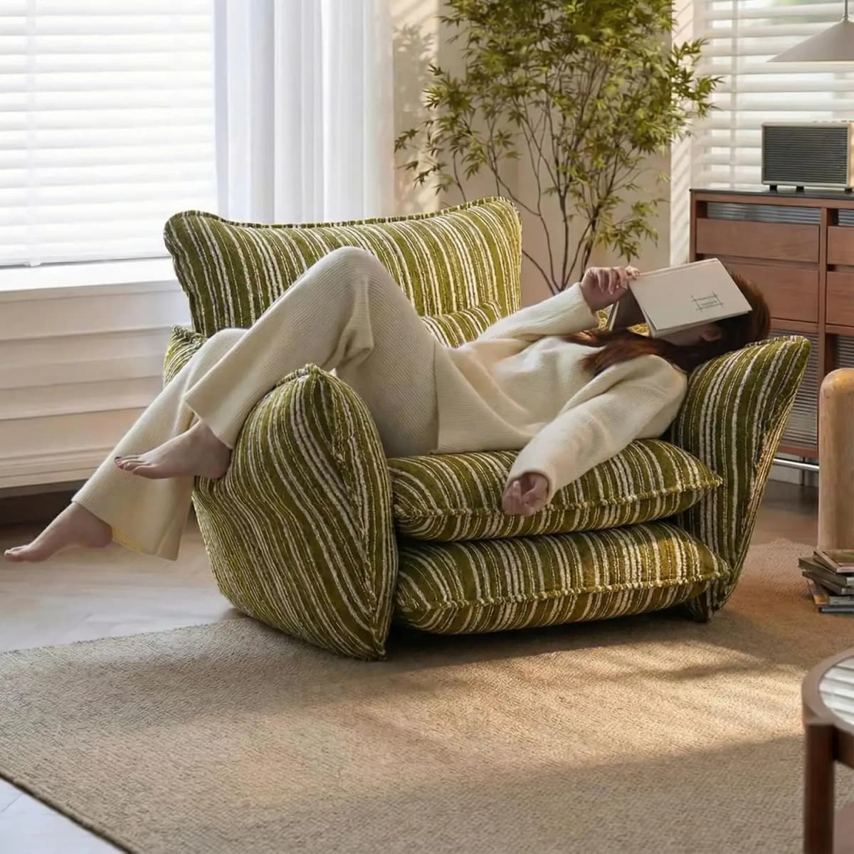 Oversized Chenille Accent Chair Lumbar Pillow Wide Armrest Deep Seat 7in High-Density Foam 350lb, Customized