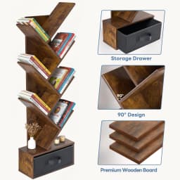 JHK 43IN Geometric Wooden Book Rack 7-Tier Tree Bookshelf Bookcase with Drawer Slim Corner Bookshelf for Home Small Spaces