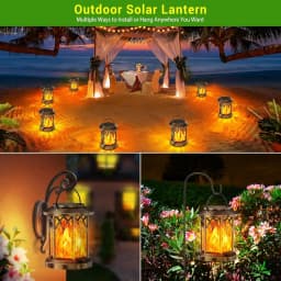 Waterproof Flickering Flame Solar Lantern Outdoor, Auto On/Off Hanging Bronze Lantern for Yard Garden Patio Table Decor